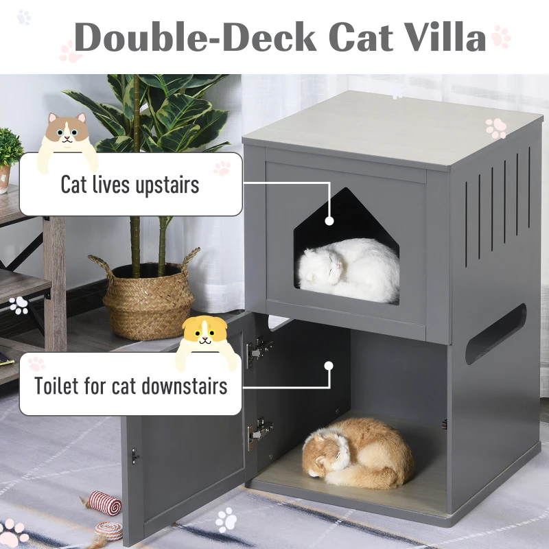 PawHut Double-Decker Cat Litter Box 2 Story Pet Crate Luxury Toilet House, Grey