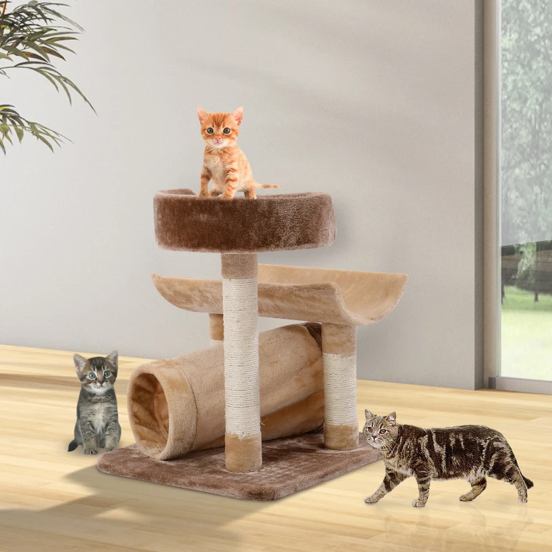 PawHut Árbol de Actividades para Gatos Árbol para Escalar Altura 74 cm con Postes Rascadores de Sisal Natural Plataformas y Cueva de Túnel para Descanso y Juego Marrón