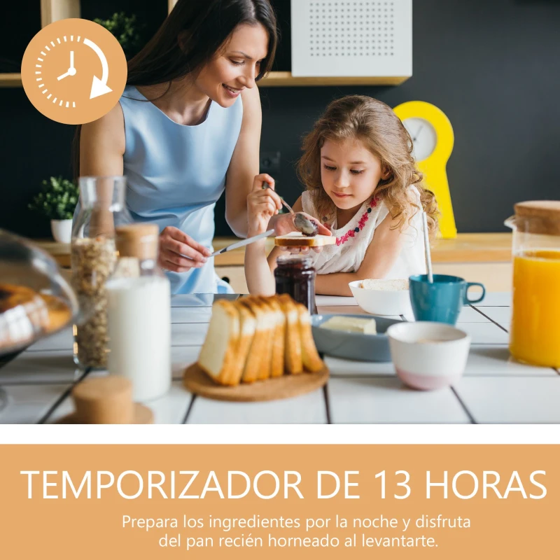 HOMCOM Panificadora Automática con 11 Programas para Pan y Dulces con Pantalla LCD Temporizador Programable Inicio 13 Horas Acero Inoxidable 29,6x23,3x29,2 cm Blanco