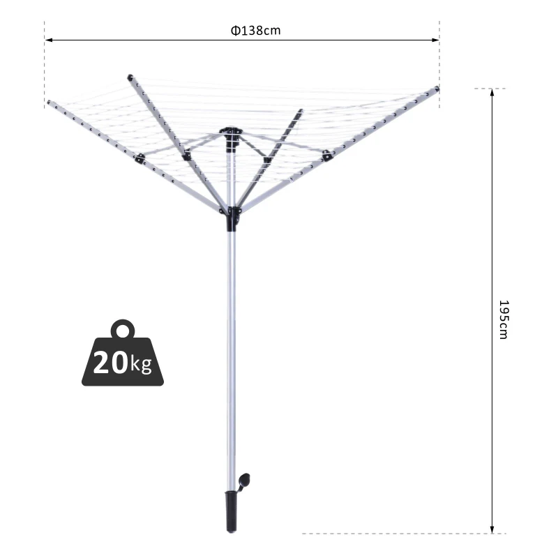 HOMCOM Tendedero Giratorio 50m para Jardín Camping Secador Ropa Plegable Altura Ajusatable 4 Brazos Tenderero tipo Paraguas Aluminio