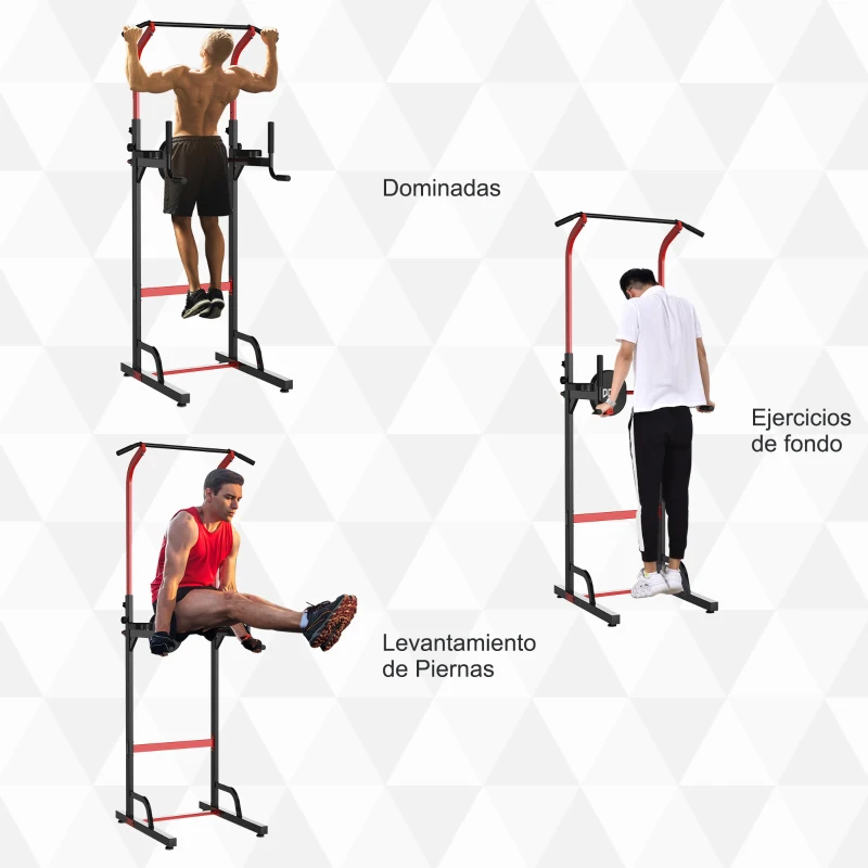 HOMCOM Estación Dip Torre de Dominadas para Hogar Oficina Gimnasio Altura Ajustable con 6 Orificios Tubo de Acero Soporta hasta 120 kg 94x80,5x180-230 cm Negro