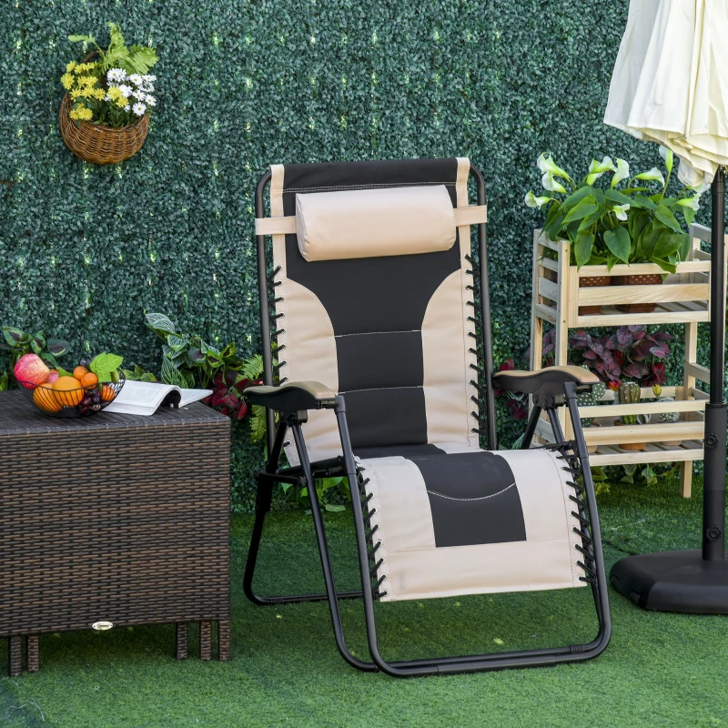 Outsunny Tumbona Plegable y Reclinable de Acero con Portavasos Reposacabezas Extraíble y Reposabrazos para Exterior Jardín 90x75x110 cm Beige