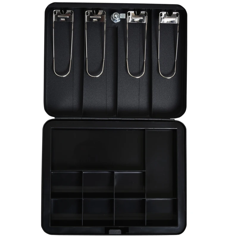 HOMCOM Caja de Efectivo con Bandeja para Dinero 4 para Billetes Múltiples Comportamientos Cerradura con Llave de Alta Seguridad Agujero Conveniente Manija Acero 30x24x9 cm Negro