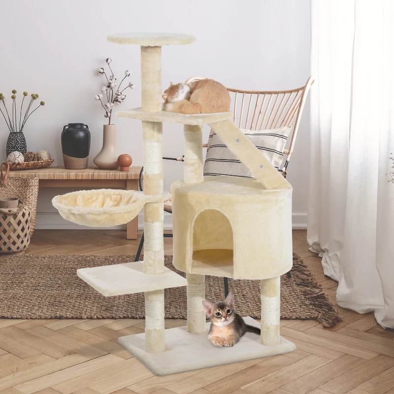 PawHut® Rascador Árbol para Gatos Poste Centro 55x40x125cm Arañar Dormir Jugar Felpa Beige