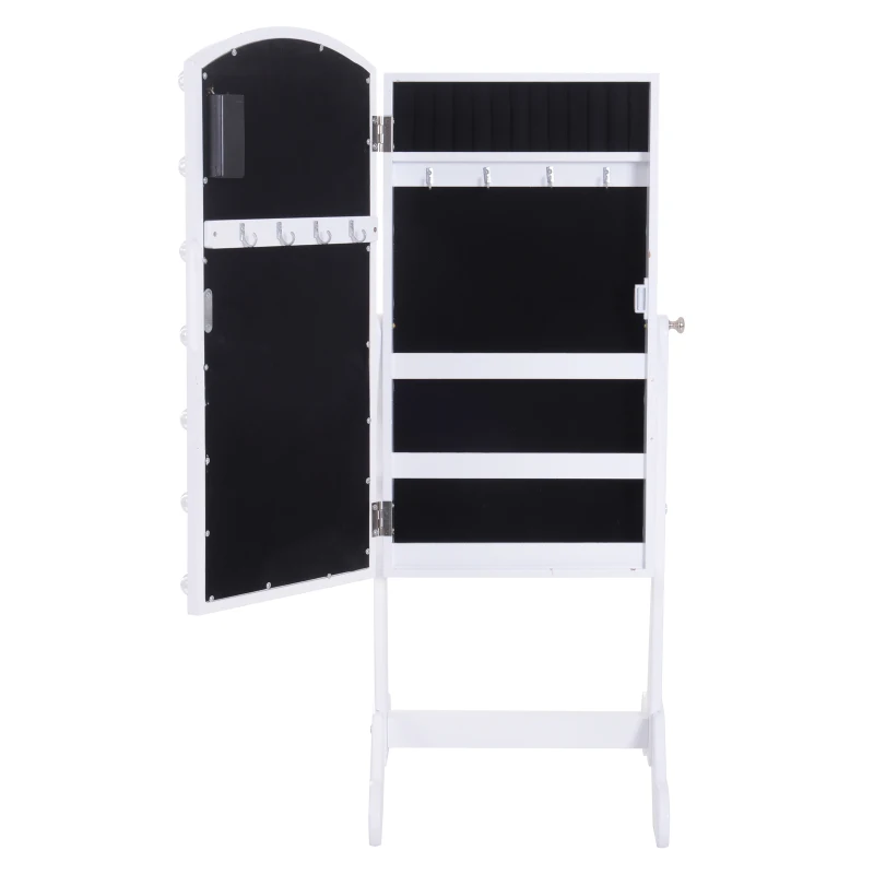 HOMCOM Espejo de Maquillaje con Joyero de Pie Armario para Joyas 14 Luces LED Reclinable Guardajoyas Sobremesa Anillos Pendientes Collares Cerradura Madera 32x29x81cm Blanco