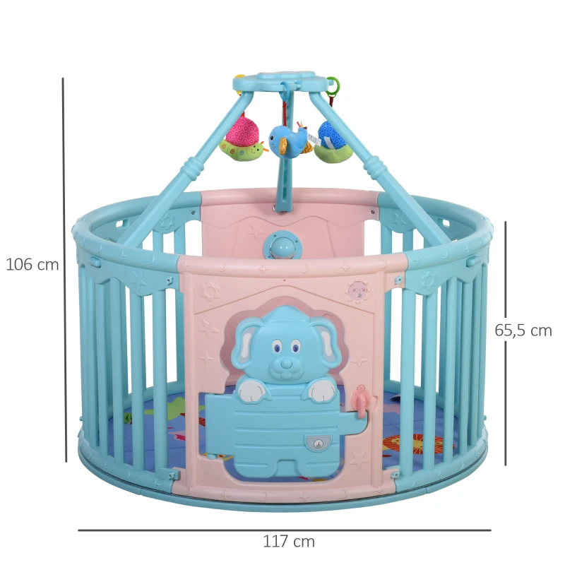HOMCOM Parque Infantil Redondo Corralito de Seguridad para Bebé Cuna con Alfombra de Suelo Juguetes Divertidos Doble Cerradura Altura 65,5 cm Rosa y Azul