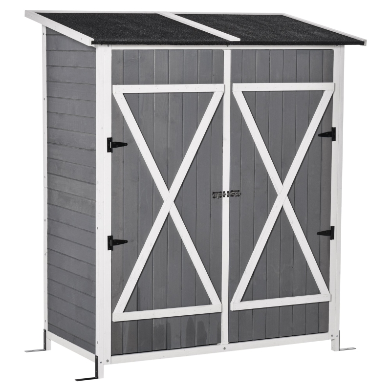 Outsunny Caseta de Jardín de Madera 139x75x160 cm Cobertizo para Almacenaje de Herramientas con Estantería Movible Puertas con Cerrojo Techo Asfáltico Gris