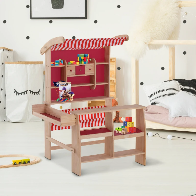 HOMCOM Tienda de Juguete Madera Soporte Puesto de Mercado de Juguete para Niños +3 Años Capota Roja 90x70x120cm