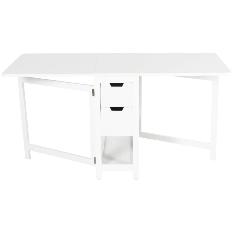 HOMCOM Mesa de Comedor Plegable Mesa Extensible con 2 Alas Laterales 2 Cajones y 1 Estante Almacenaje para Cocina Carga Total 50 kg 150x80x74 cm Blanco