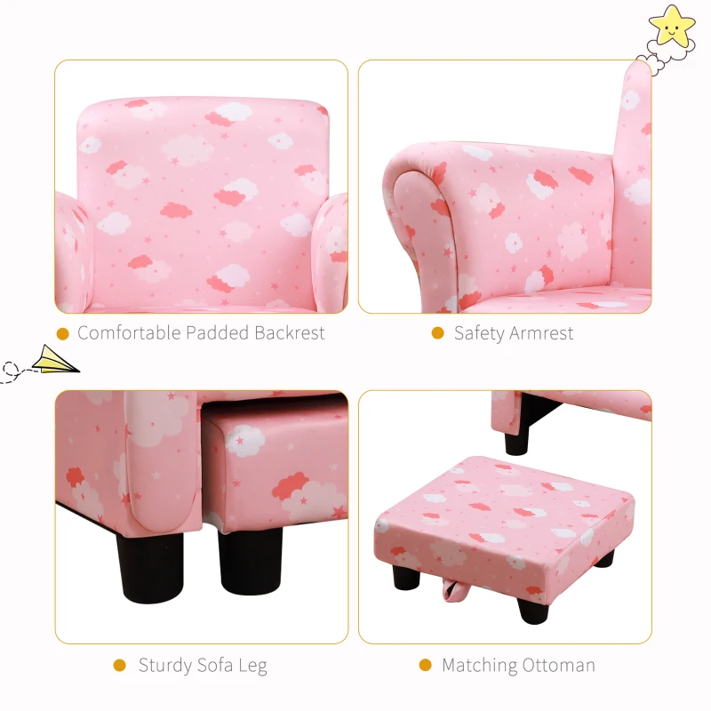 HOMCOM Kids Armchairs Children Sofa with Foot Stool Kids Sofa Durable Polyester Upholstered Cute Cloud Star Pattern Armchair W/Footrest - Pink
