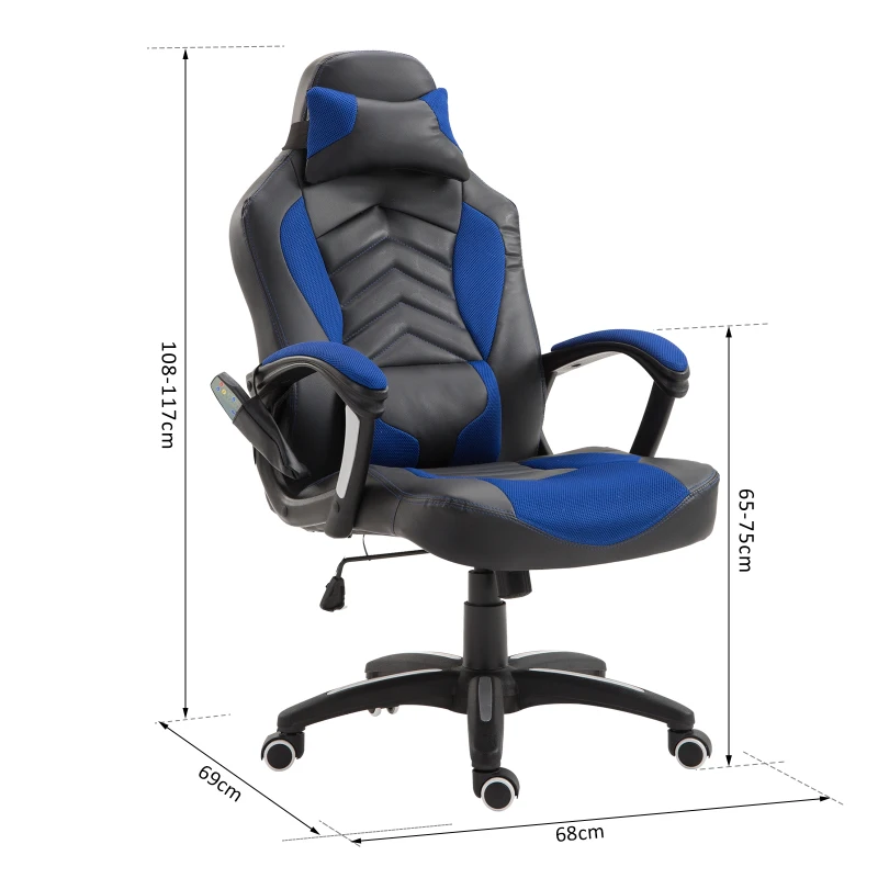 HomCom® Silla de Oficina Gaming con 6 Puntos de Masaje y Calefacción 2 Almohadas con Mando a Distancia 68x69x108-117cm Negro y Azul