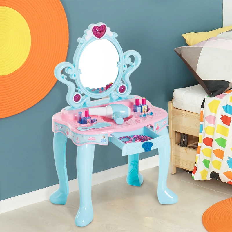 HOMCOM Tocador Infantil Princesa Mesita de Maquillaje con Luz y Sonido Secador de Pelo Accesorios Includios Cajón Extraíble 43.5x31.5x72.5cm