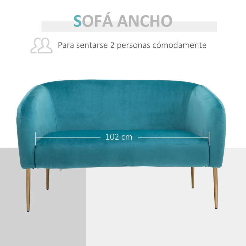 HOMCOM Sofá de 2 Plazas Sofá Doble Moderno con Patas Metálicas Asiento Acolchado Apoyabrazos y Respaldo Curvos para Salón Dormitorio 124x73x76 cm Turquesa Claro