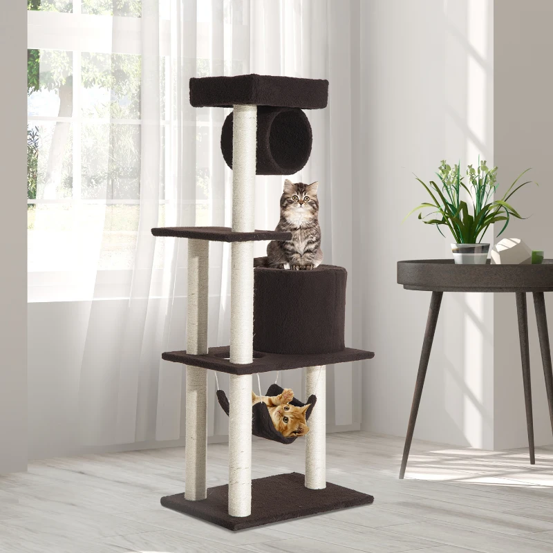 PawHut Árbol para gatos Rascador Grande Centro de Juego Árbol Rascador Alto con Plataformas Caseta Hamaca 140cm Cubierto de Felpa