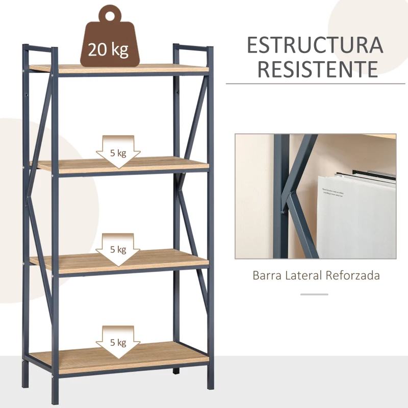 HOMCOM Estantería Librería de 4 Niveles Estante de Almacenaje de Estilo Industrial para Sala de Estar Oficina 64x30x130 cm Color Natural y Azul