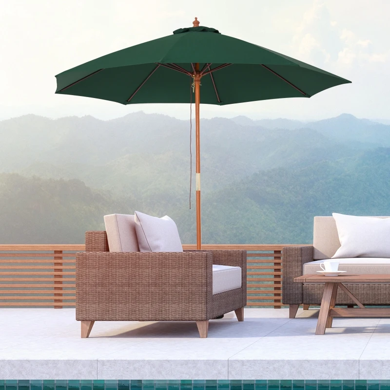 Outsunny Sombrilla Parasol con Poste Desmontable de Madera Ángulo Ajustable Ventilación Sistema de Polea para Exterior Jardín Patio Piscina Terraza Ø257x253 cm Verde Oscuro