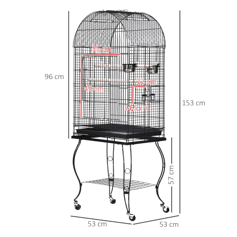 PawHut Jaula para Pájaros con Soporte y Ruedas Jaula Grande de Metal con Bandeja Extraíble 4 Puertas y 2 Comederos para Loros Guacamayos 53x53x153 cm Negro