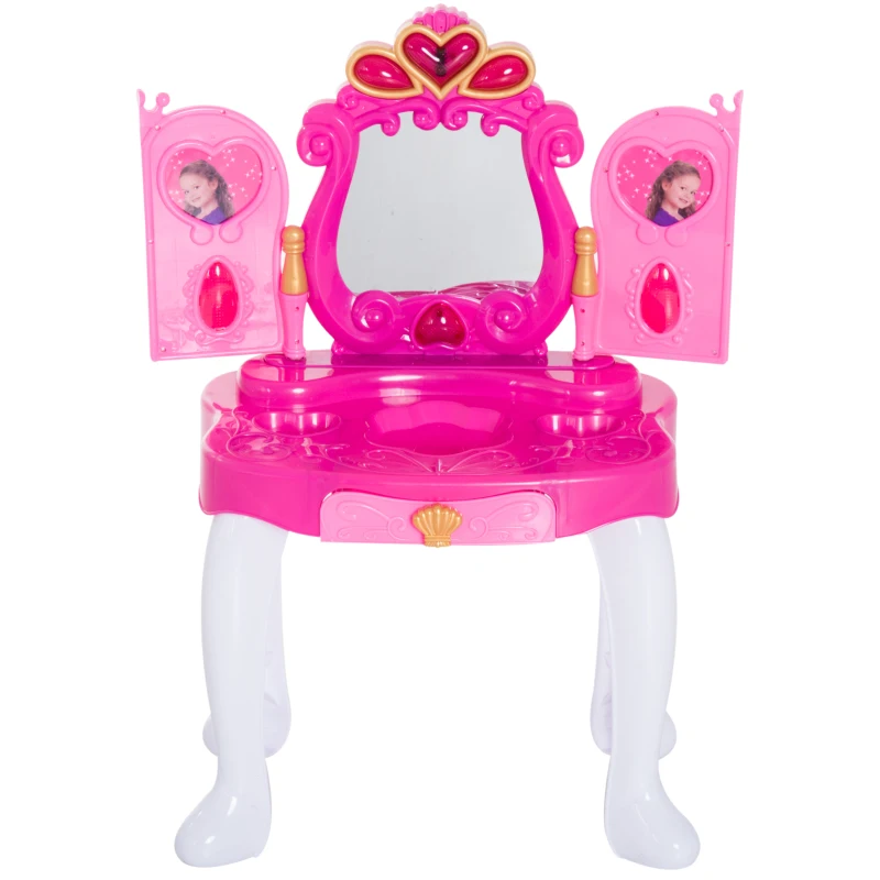 HOMCOM Tocador Infantil Princesa Mesita de Maquillaje con Luz y Sonido Secador de Pelo Sensor de Apertura Puerta Accesorios Includios Cajón Extraíble 43.5x31.5x72.5cm