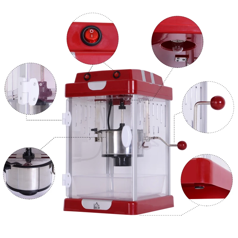HOMCOM Palomitas Máquina Portátil Palomitero de Maíz con Olla Interior de Acero Inoxidable 310w 24.5x28x43cm