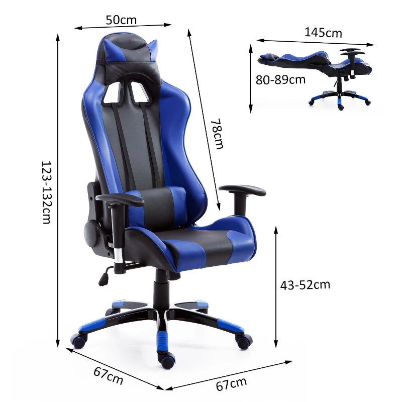 HOMCOM Silla de Oficina Silla Ergonómico Reclinable y Basculante Altura Ajustable Giratorio con Ruedas Reposacabezas y Soporte Lumbar Carga 120 kg 67x67x123-132 cm Azul