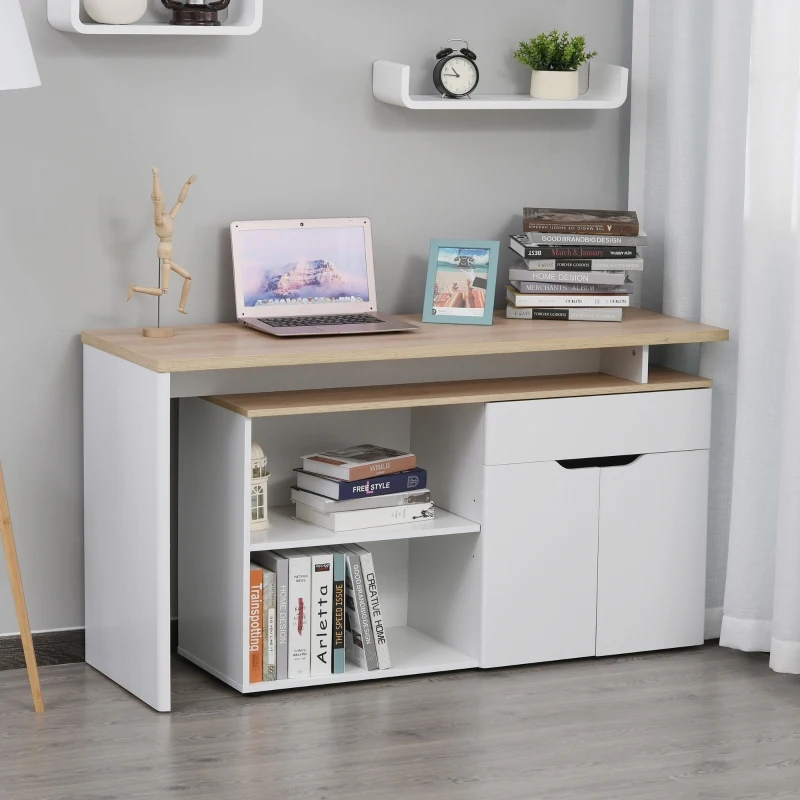 HOMCOM Mesa Escritorio Múltiples Posiciones Mesa de Ordenador Esquinera Forma de L con Cajón Estantes Abiertos Armario 140x117x76 cm Blanco y Madera