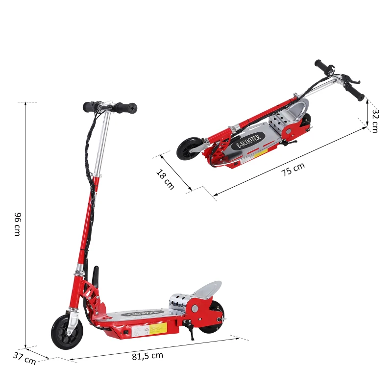 HOMCOM Patinete Eléctrico Niño Scooter Plegable Rojo Patinete Eléctrico Scooter Plegable con Manillar y tipo Monopatín con Freno y Caballete 120W Carga 50kg 81.5x37x96cm (Rojo)