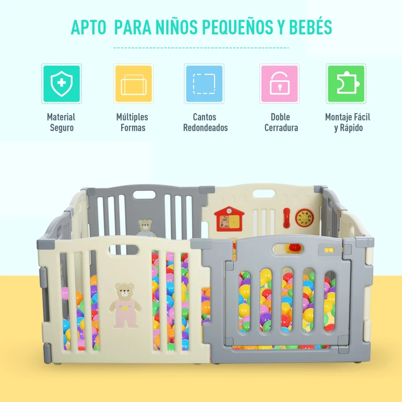 HOMCOM Parque Infantil Bebé Plegable Centro de Actividades de Seguridad Interior y Exterior con 8 Paneles Puerta para Niños de +6 Meses 156x156x63 cm Blanco y Gris