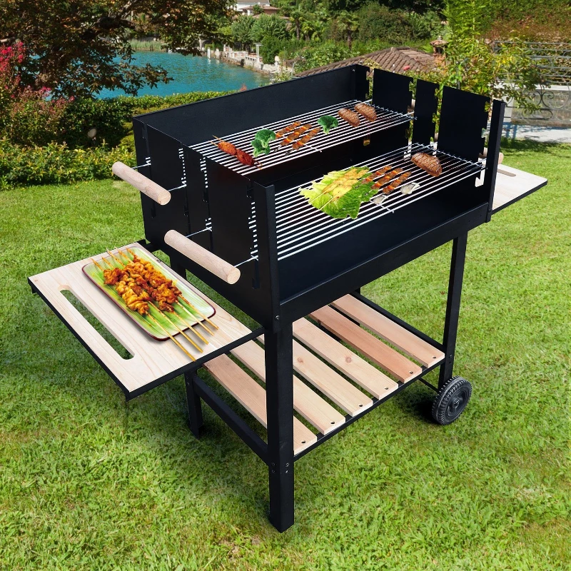 Homcom - Bbq barbacoa ahumadora parrilla carbón leña carrito ruedas con 2 estantes