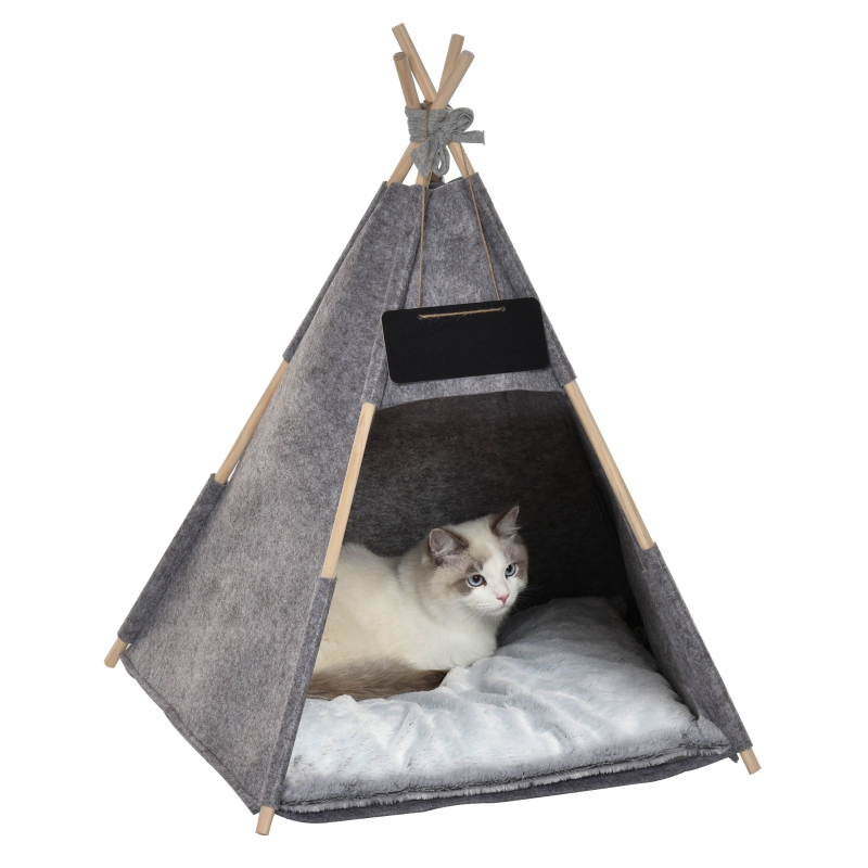 PawHut Tipi Tienda para Mascotas Tienda de Campaña para Mascotas con Cojín Extraíble Lavable Pizarra de Fieltro Madera para Perros Pequeños Gatos 58x58x80 cm Gris