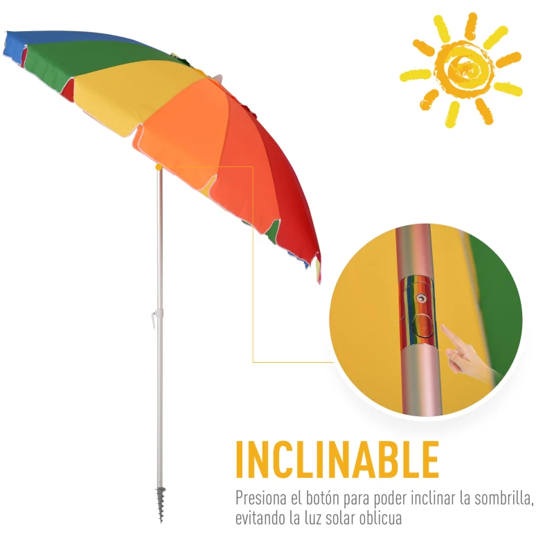 Outsunny Sombrilla de Aluminio Reforzado Ø220 cm con Espiral Poste Desmontable y Bolsa de Tranporte Diseño Arcoíris Fácil Anclaje para Playa Jardín Multicolor