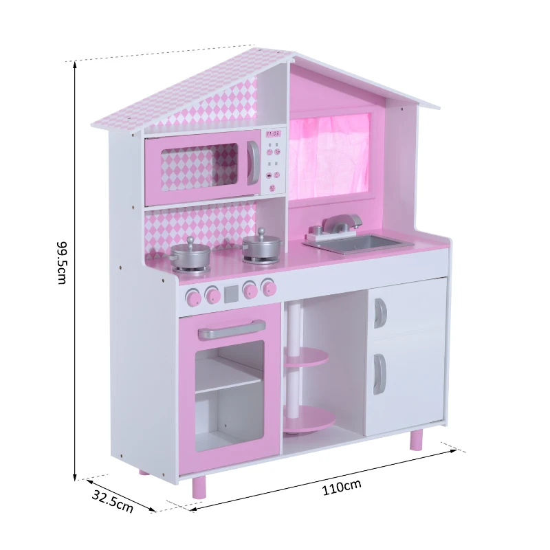 HOMCOM Cocina de Juguete Cocinita Infantil Madera Grande Juego de Imitación para Niños +3 Años con Accesorios Horno Microondas Fregadero 110x32.5x99.5cm Rosa