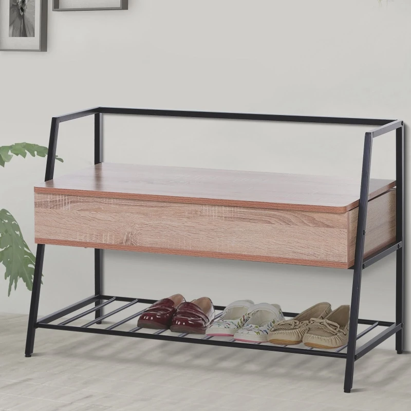 Banco Zapatero para Recibidor con Estante Inferior y Compartimentos para Almacenaje 90x39x61.7 cm Estilo Industrial Color Negro y Roble
