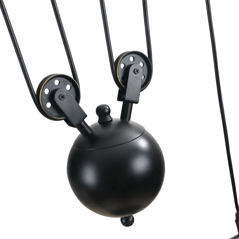 HOMCOM Lámpara Colgante de Estilo Industrial Lámpara de Techo Retro con Poleas Bola de Contrapeso Altura Ajustable 3 Portalámparas Convencionales 90x22x89-180 cm Negro
