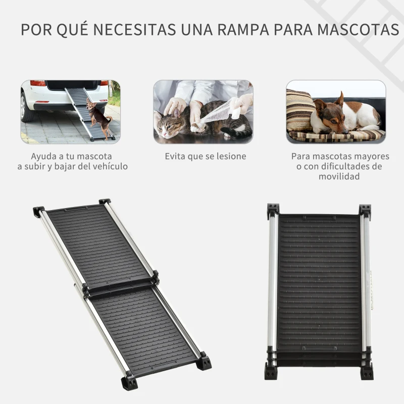 PawHut Rampa para Mascotas Plegable de Aleación de Aluminio con Superficie Antideslizante Rieles Laterales y Asa Fácil Transporte Carga Máx. 100 kg 159x42x11,5 cm Negro