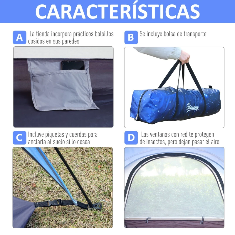 Tienda de Campaña y Carpa Diseño 2 en 1 Instantánea y Fácil de Montar 200x230x140 cm con Bolsa de Transporte Incluida Estampado Azul de Estrellas y Gris