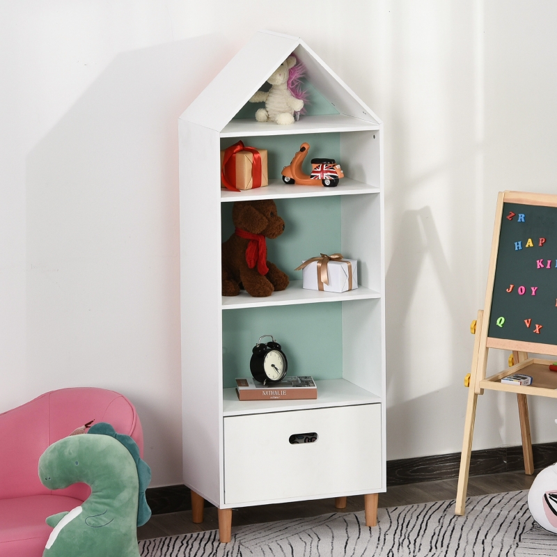 HOMCOM Estantería Infantil Librería de Madera para Niños para Libros Juguetes DVDs con 4 Estantes 1 Cajón Tablero de 2 Colores 50x30x142cm