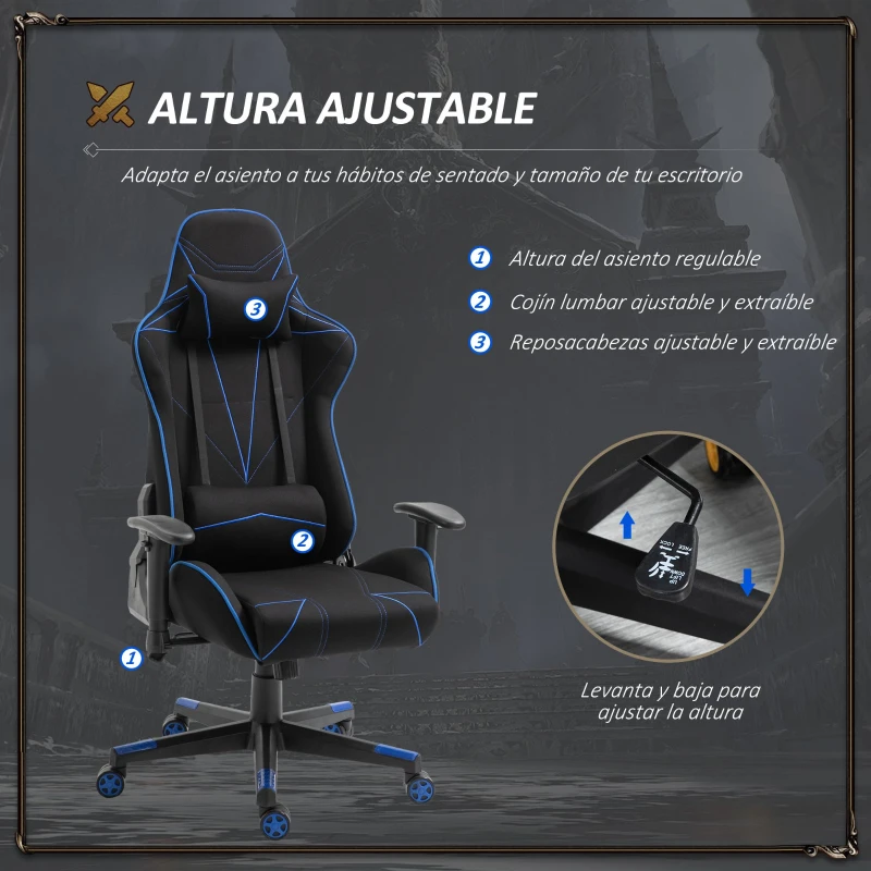 Vinsetto Silla Gaming Ergonómica Silla Reclinable con Altura Ajustable Asiento Giratorio Reposabrazos Ajustable Reposacabezas y Cojín Lumbar 72x77x127-137 cm Negro