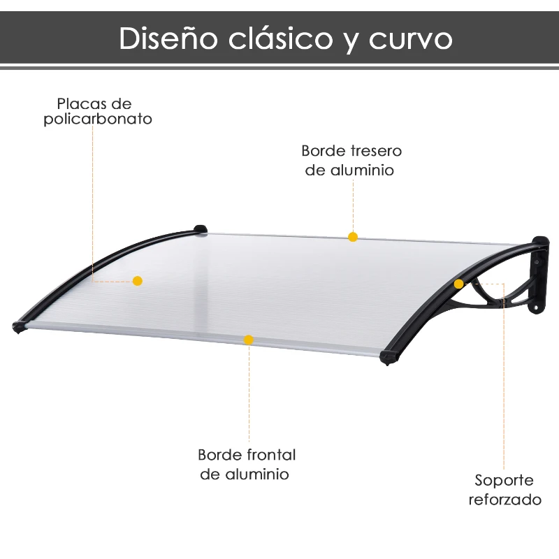 Outsunny Marquesina Techo Canopy para Puertas Ventanas Terrazas Toldo Dosel Placa de Policarbonato 5 mm Transparente Protección contra Sol y Lluvia 140cm