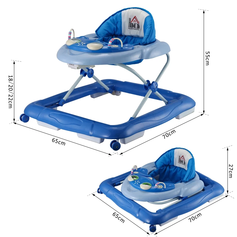 HOMCOM Andador para Bebés Plegable con Freno Andador Bebé Coche con Juguetes y Varilla de Empuje Ajuste de Altura y Caja de Musica 70x65x55cm