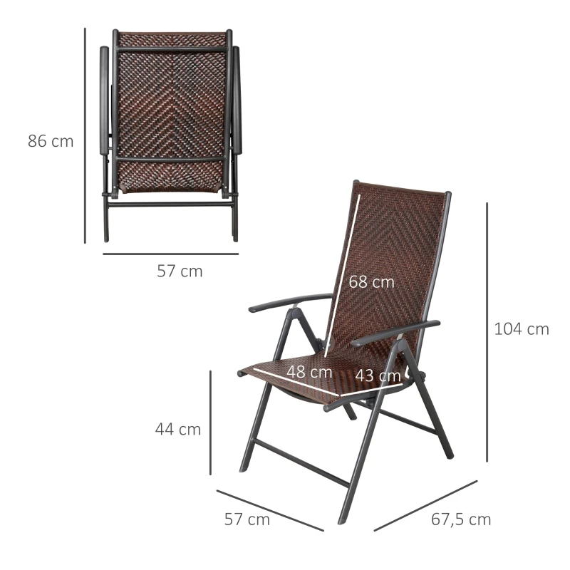 Outsunny Set de 2 Sillas Plegables de Ratán Jardín con Respaldo Alto y Ajustable de 7 Posiciones para Patio Terraza Exteriores 57x67,5x104 cm Marrón