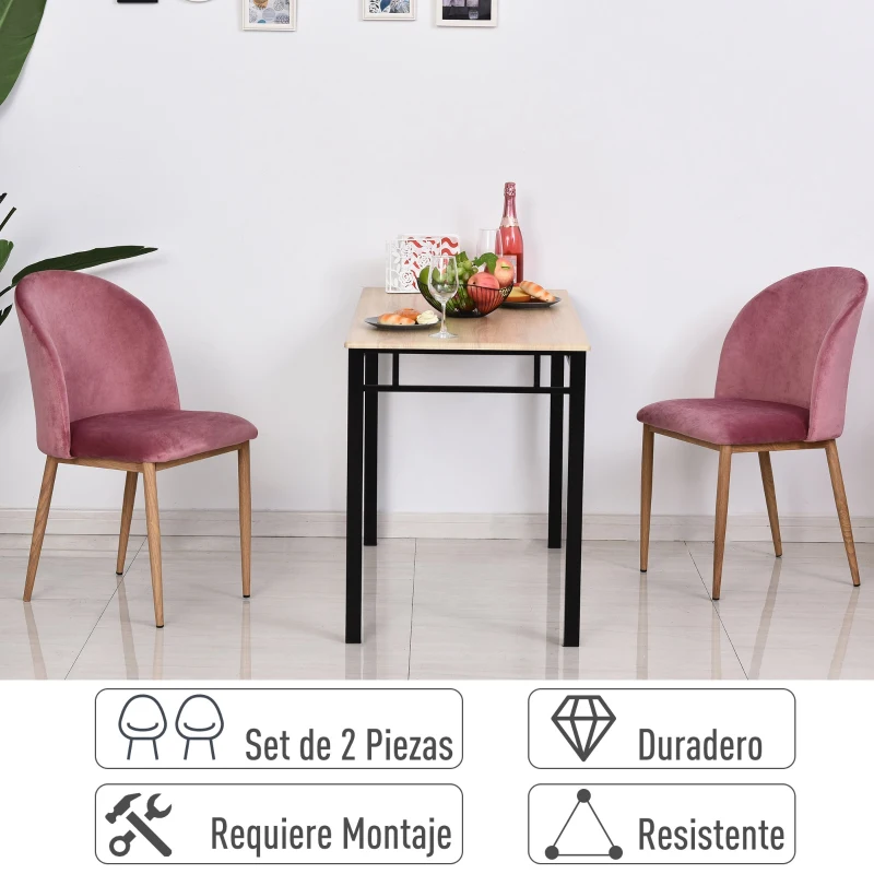 HOMCOM Juego de 2 Sillas de Comedor de Terciopelo Suave Silla de Salón Estilo Nórdico Moderno con Respaldo Ergonómico Acolchado y Patas de Metal 50x58x85 cm Rosa