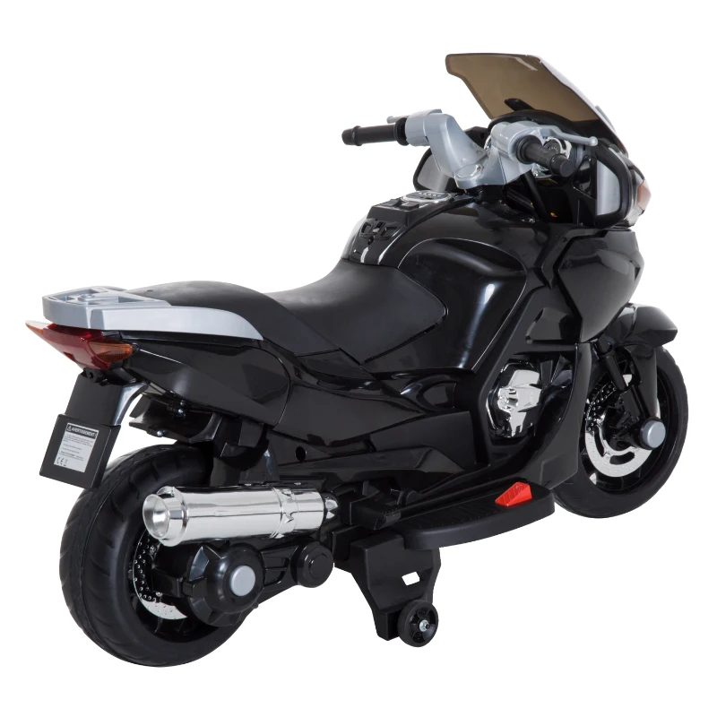 HOMCOM Coche Correpasillos Niños 3-8 años Moto Eléctrica Infantil 3-7 km/h Batería 12V Doble Motor con Luces y Música Ruedas Seguras 120x60x65cm Negro