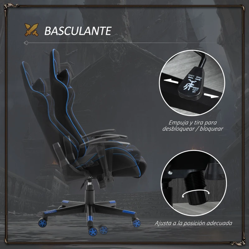 Vinsetto Silla Gaming Ergonómica Silla Reclinable con Altura Ajustable Asiento Giratorio Reposabrazos Ajustable Reposacabezas y Cojín Lumbar 72x77x127-137 cm Negro