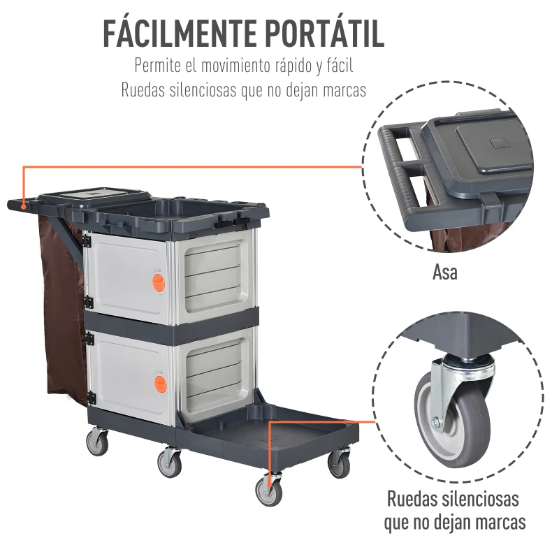 HOMCOM Carro de Limpieza Profesional Carrito Duradero con 6 Ruedas 2 Cajas de Almacenaje Estante Abierto Bolsa de Basura con Tapa 131x56x93 cm Marrón