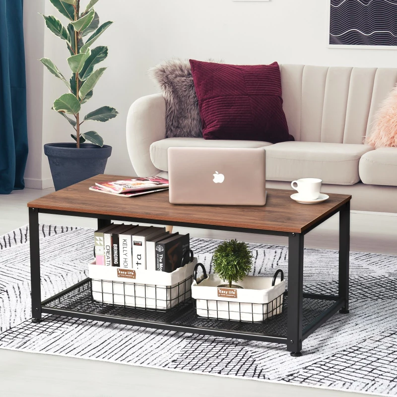 HOMCOM Mesa de Centro con Estante de Malla para Sala Dormitorio Estilo Industrial Retro Acero y Madera Carga 40 kg 106x60x45cm Marrón y Negro