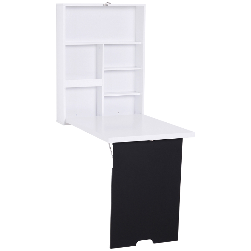 HOMCOM Mesa de pared con pizarra y estantes Escritorio auxiliar de pared 60x94,5x147cm Blanco