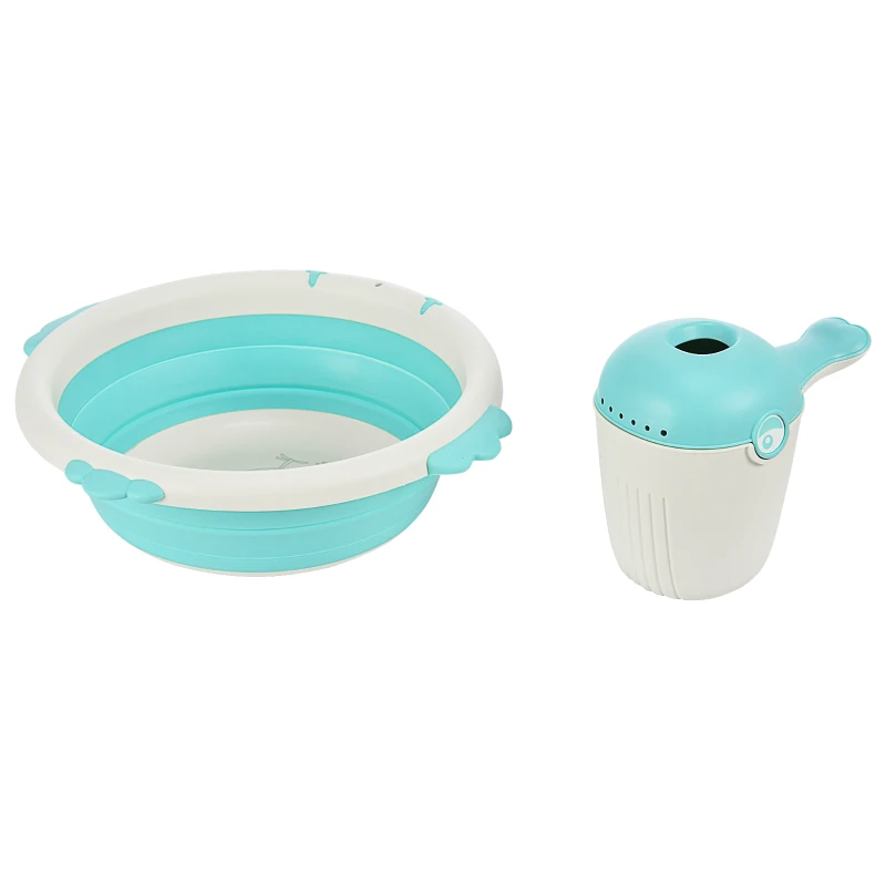 HOMCOM Bañera para Bebé Plegable 3 en 1 Juego de Ducha para 0-3 Años Portátil Bañera Lavabo Taza de Champú Ergonómico con Base Antideslizante 84,5x50,5x24 cm Turquesa