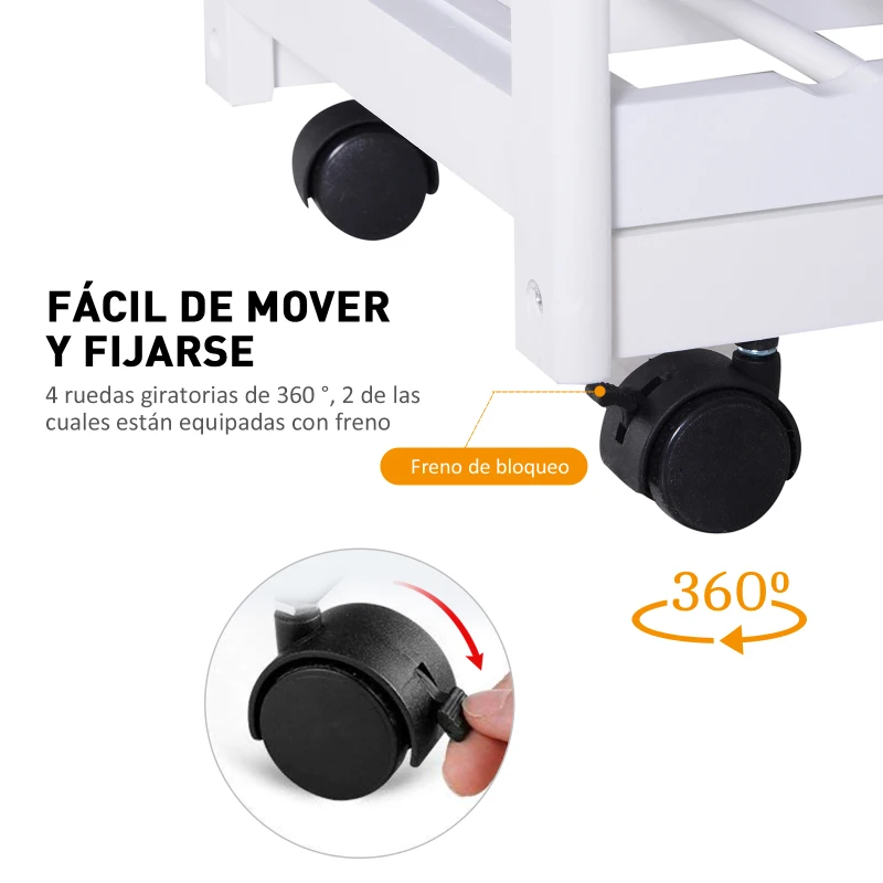 HOMCOM Carrito Auxiliar con Ruedas Carrito Verdulero Carro de Cocina con 2 Cajones 2 Cestas y 2 Estantes 74x37x76 cm Blanco