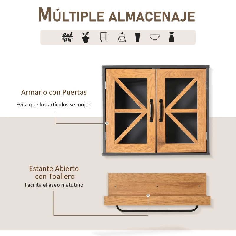 kleankin 2 Muebles de Baño Colgante Armario y Estante Abierto de Pared con Toallero y Puertas de Vidrio de Cierre Magnético Cocina 61x19,5x51 cm Madera Natural