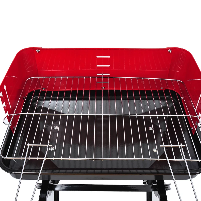 Outsunny Barbacoa de Carbón Plegable y Portátil con 2 Ruedas Parrilla con Altura Ajustable para Camping Picnic Playa 57x64x83 cm Rojo y Negro